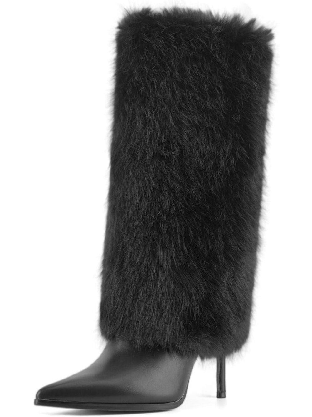 Women's Black Fur Knee High Boots Pointed Toe Stiletto Heels Winter Tall Boots